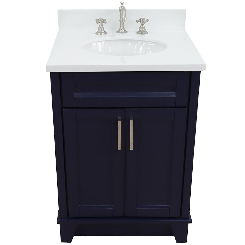 25 Single sink vanity in Blue finish with White quartz and oval sink. Picture 8
