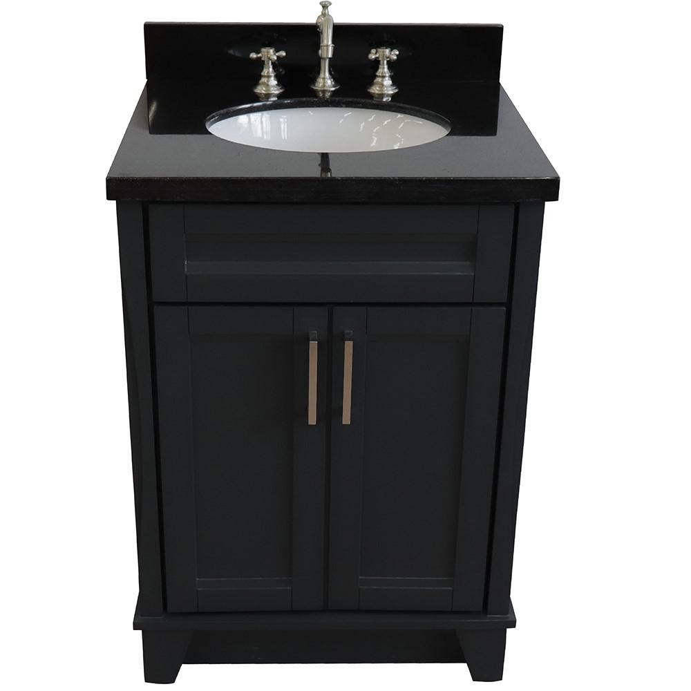 Single sink vanity in Dark Gray with Black galaxy granite and oval sink. Picture 6