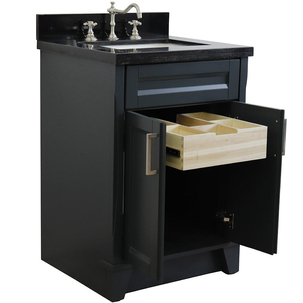 Single sink vanity in Dark Gray with Black galaxy granite and rectangle sink. Picture 4