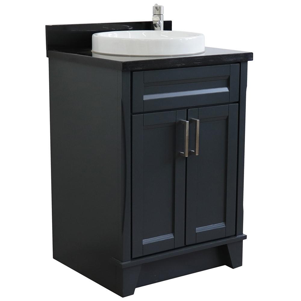 Single sink vanity in Dark Gray with Black galaxy granite and rectangle sink. Picture 1