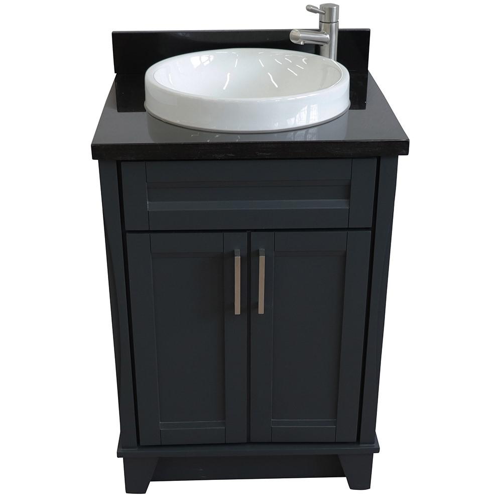 Single sink vanity in Dark Gray with Black galaxy granite and rectangle sink. Picture 17