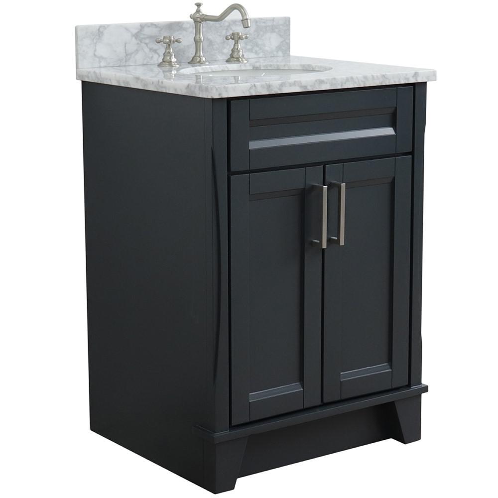 Single sink vanity in Dark Gray with White Carrara marble and oval sink. Picture 1