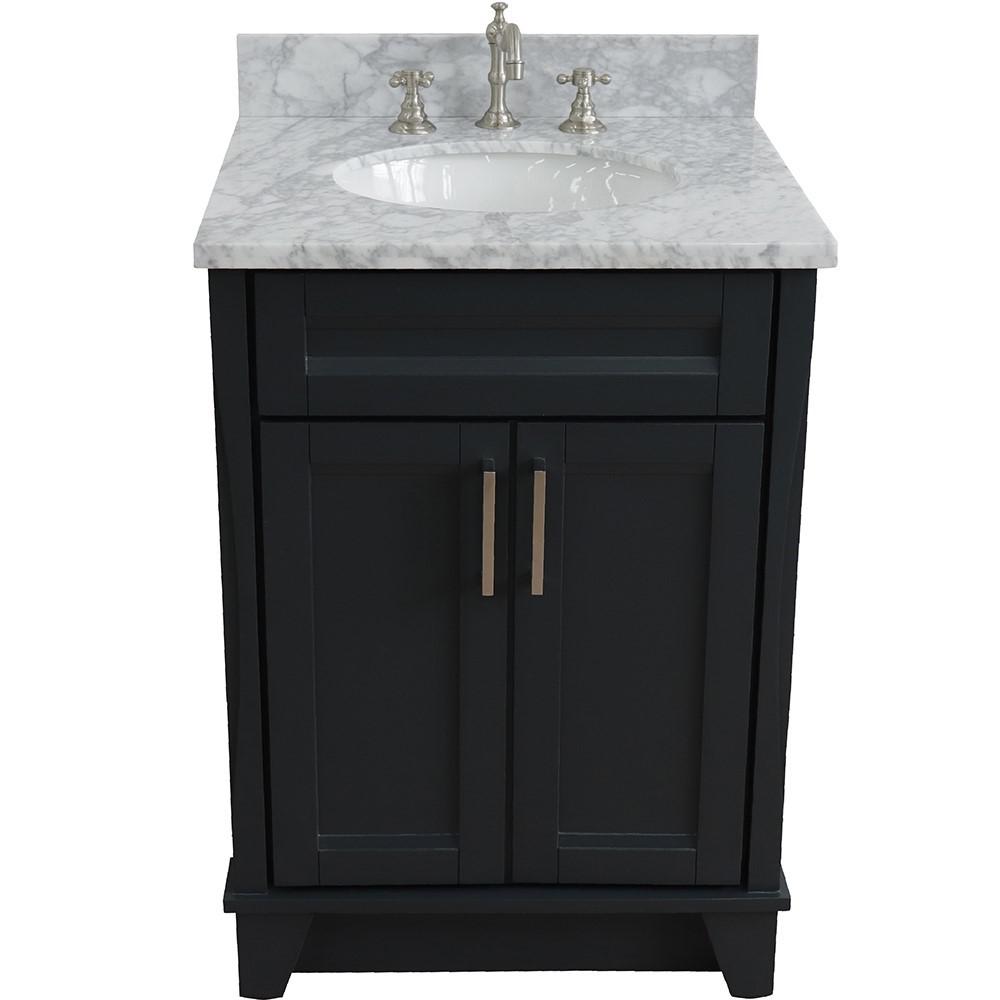 Single sink vanity in Dark Gray with White Carrara marble and oval sink. Picture 6