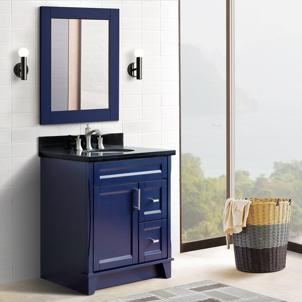 31 Single sink vanity in Blue finish with Black galaxy granite with oval sink. Picture 2