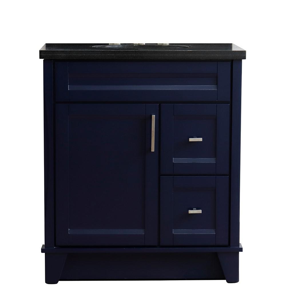 31 Single sink vanity in Blue finish with Black galaxy granite with oval sink. Picture 5