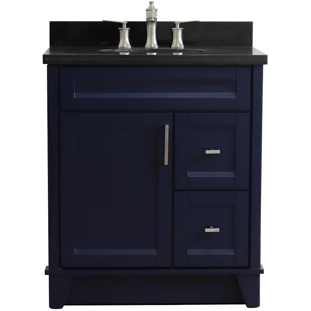 31 Single sink vanity in Blue finish with Black galaxy granite with oval sink. Picture 8