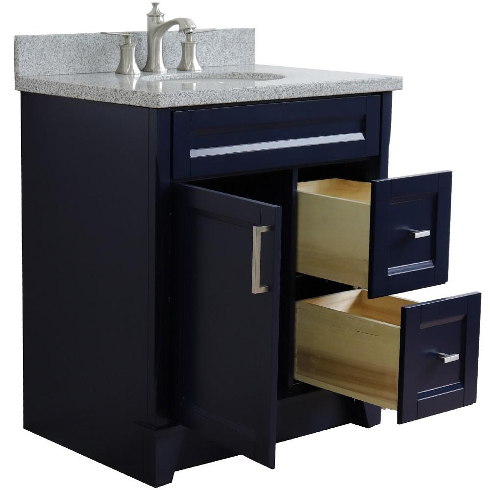 31 Single sink vanity in Blue finish with Gray granite with oval sink. Picture 8
