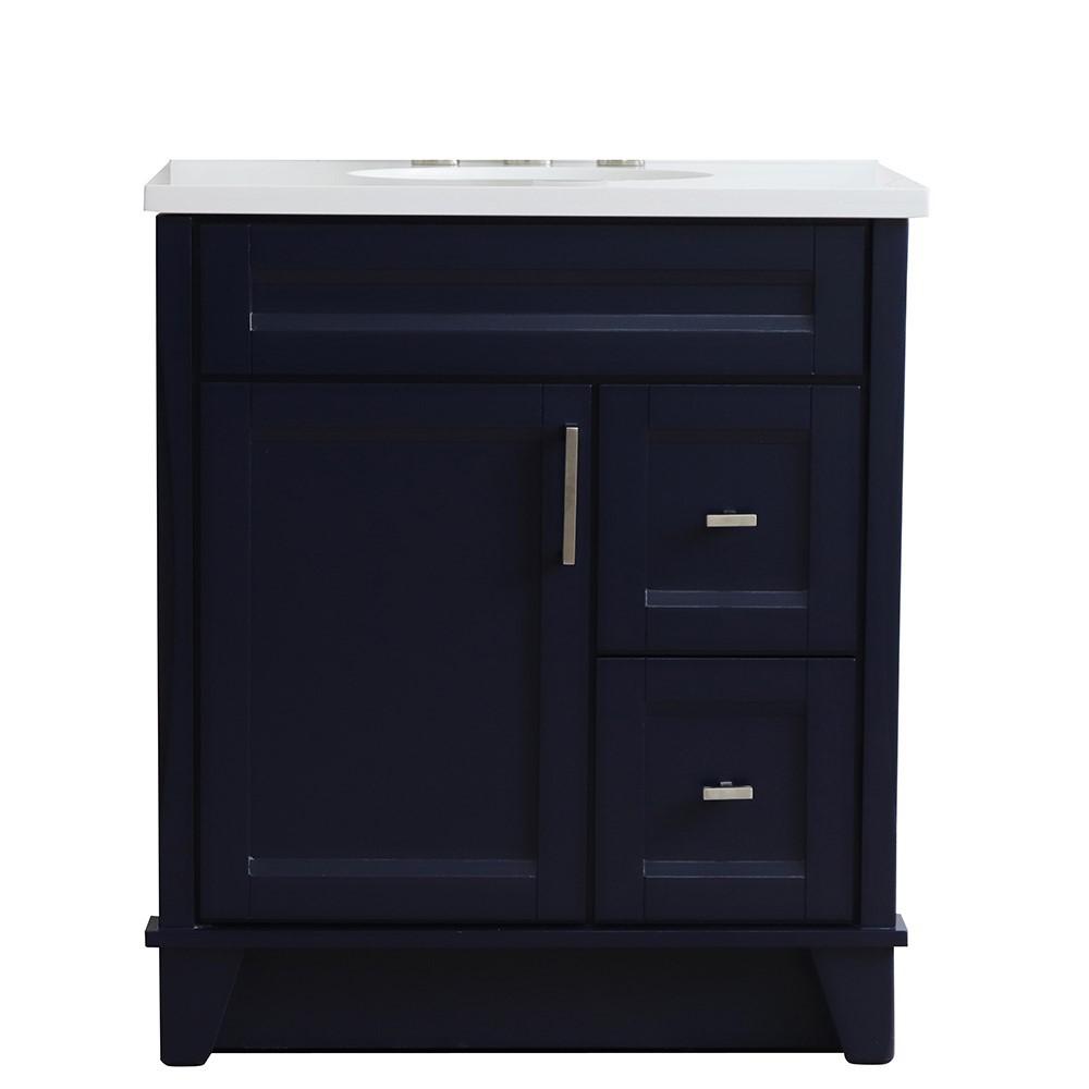 31 Single sink vanity in Blue finish with White quartz with oval sink. Picture 6