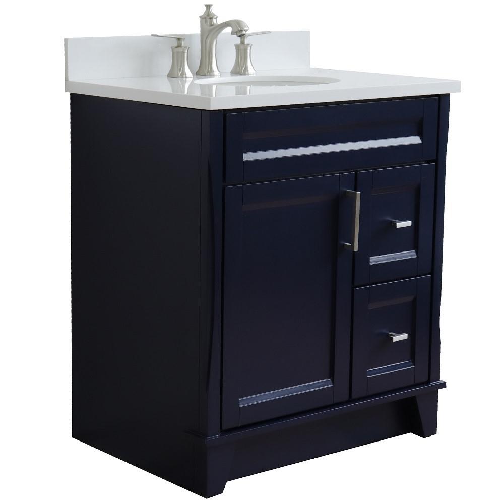 31 Single sink vanity in Blue finish with White quartz with oval sink. Picture 7