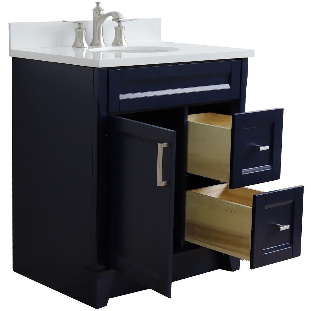 31 Single sink vanity in Blue finish with White quartz with oval sink. Picture 8