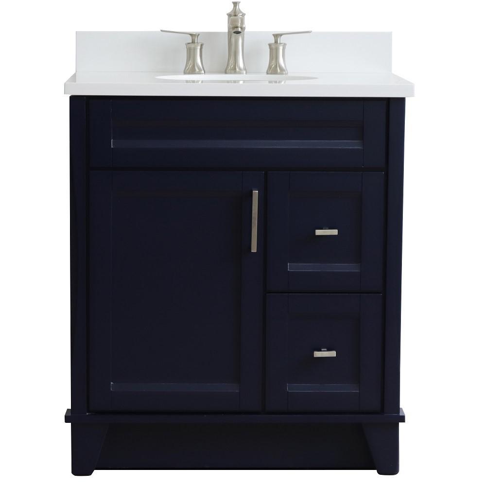 31 Single sink vanity in Blue finish with White quartz with oval sink. Picture 9