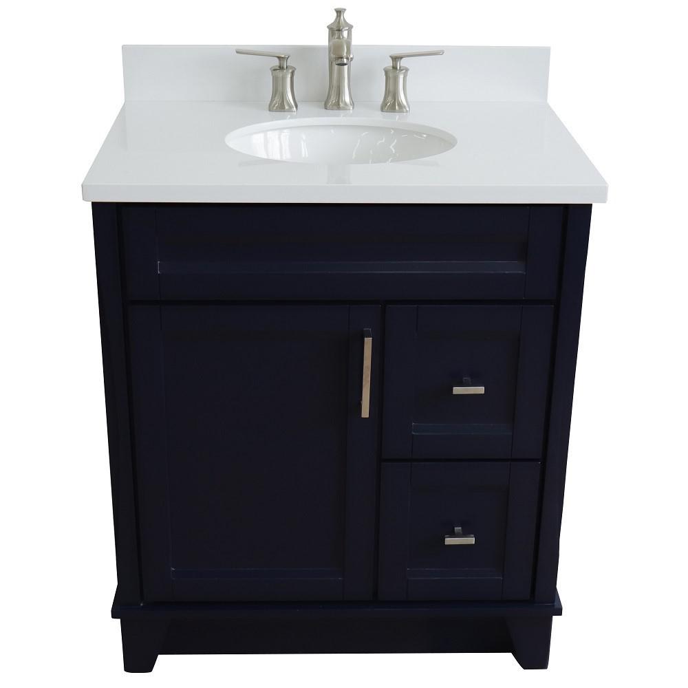 31 Single sink vanity in Blue finish with White quartz with oval sink. Picture 12