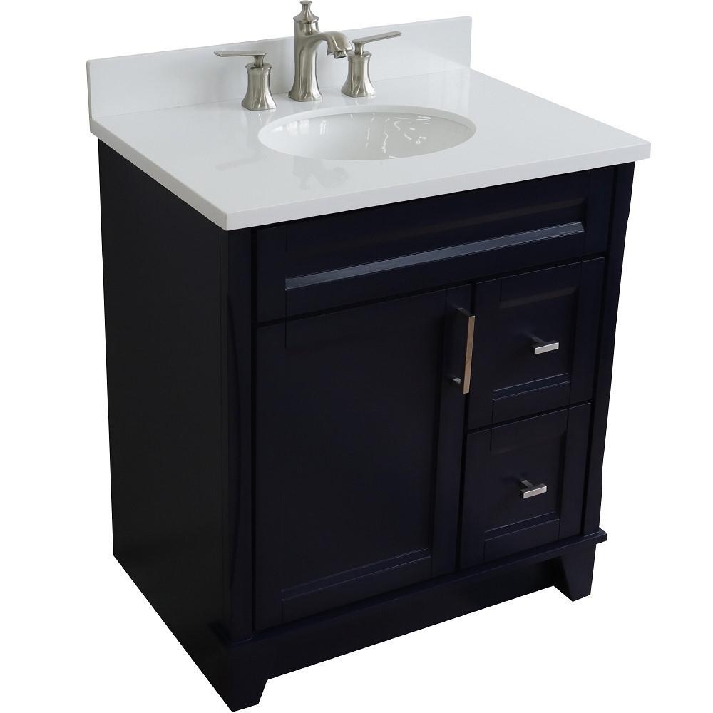 31 Single sink vanity in Blue finish with White quartz with oval sink. Picture 13