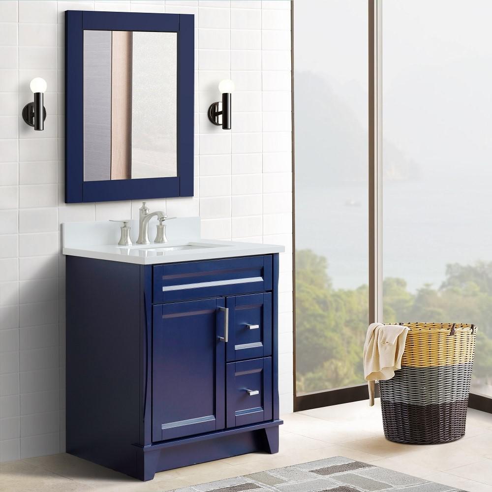 31 Single sink vanity in Blue finish with White quartz with rectangle sink. Picture 2