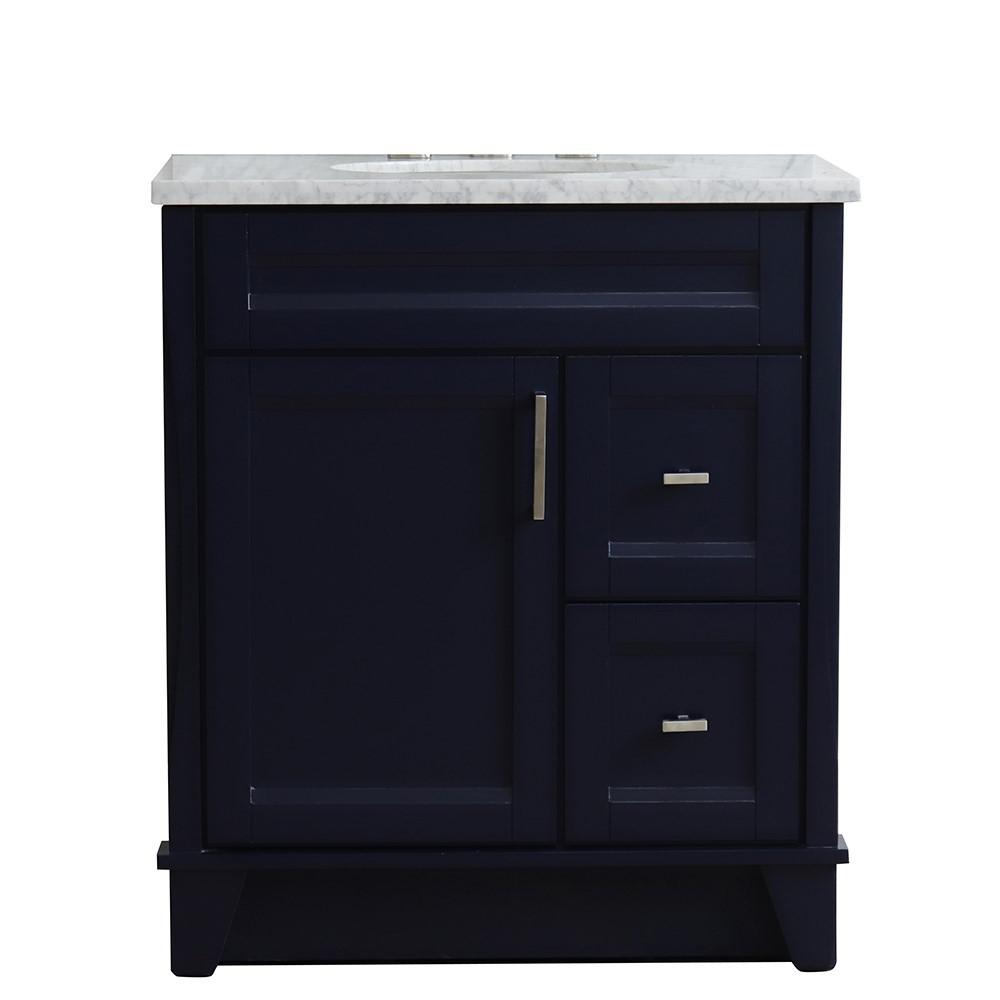 31 Single sink vanity in Blue finish with White Carrara marble with oval sink. Picture 6