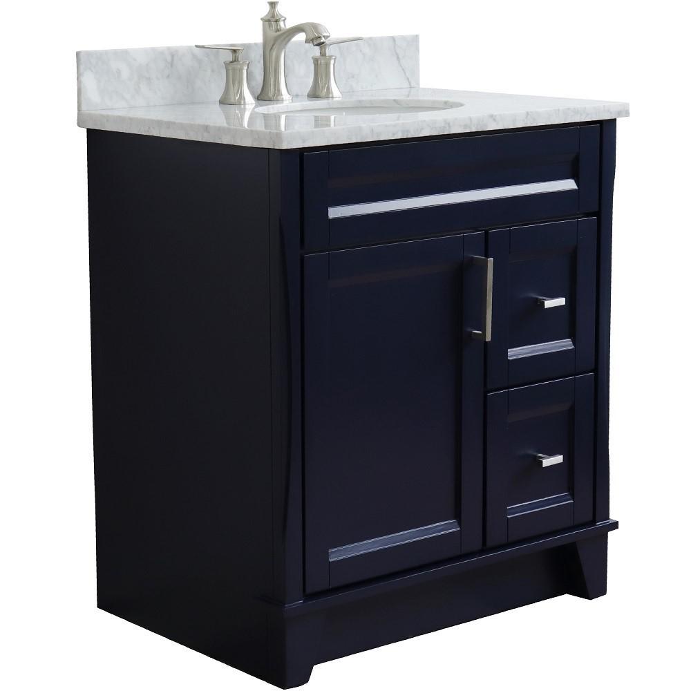 31 Single sink vanity in Blue finish with White Carrara marble with oval sink. Picture 7