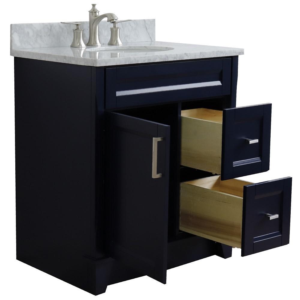 31 Single sink vanity in Blue finish with White Carrara marble with oval sink. Picture 8