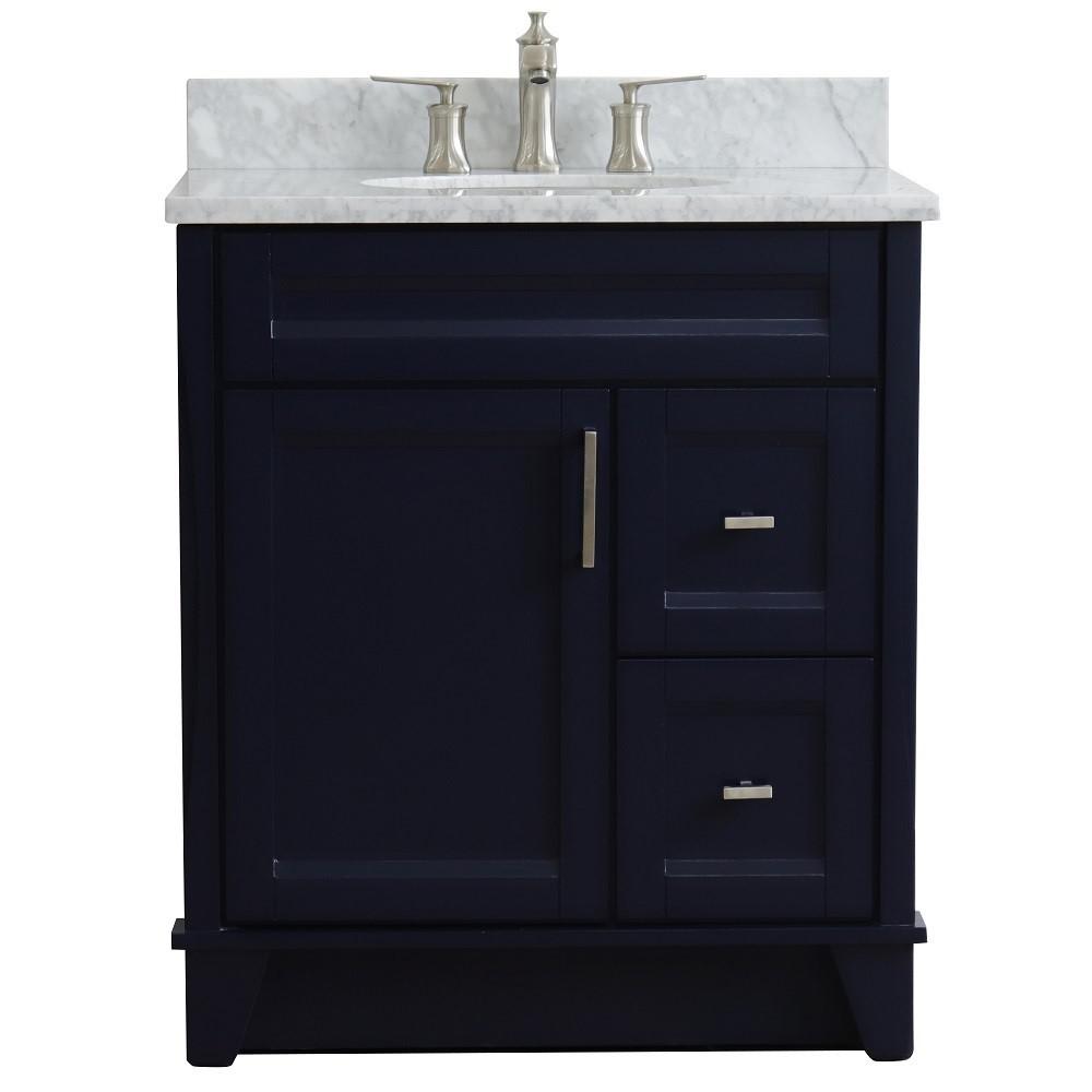 31 Single sink vanity in Blue finish with White Carrara marble with oval sink. Picture 9