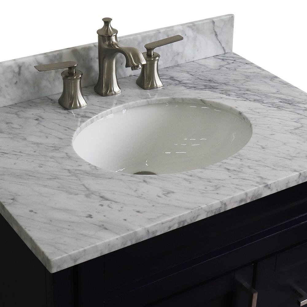 31 Single sink vanity in Blue finish with White Carrara marble with oval sink. Picture 10