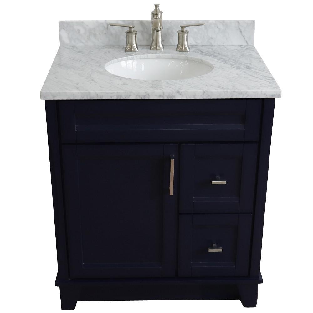 31 Single sink vanity in Blue finish with White Carrara marble with oval sink. Picture 12