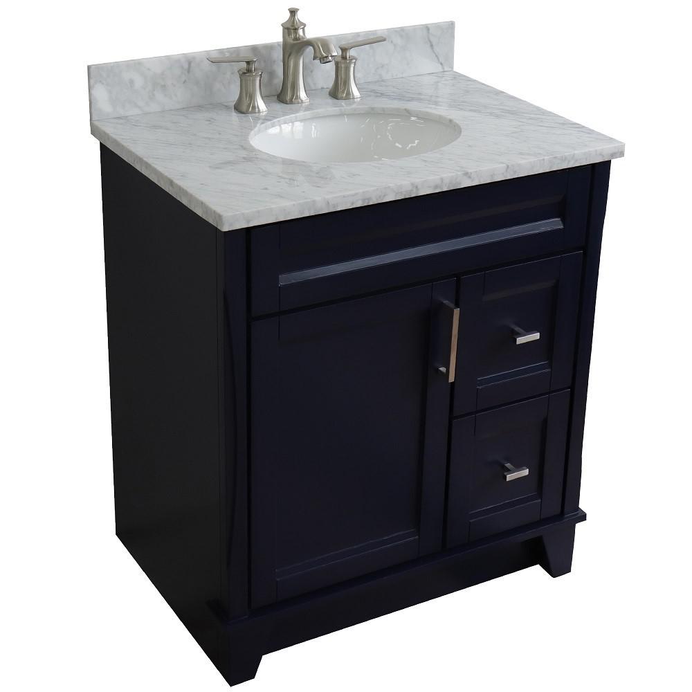 31 Single sink vanity in Blue finish with White Carrara marble with oval sink. Picture 13