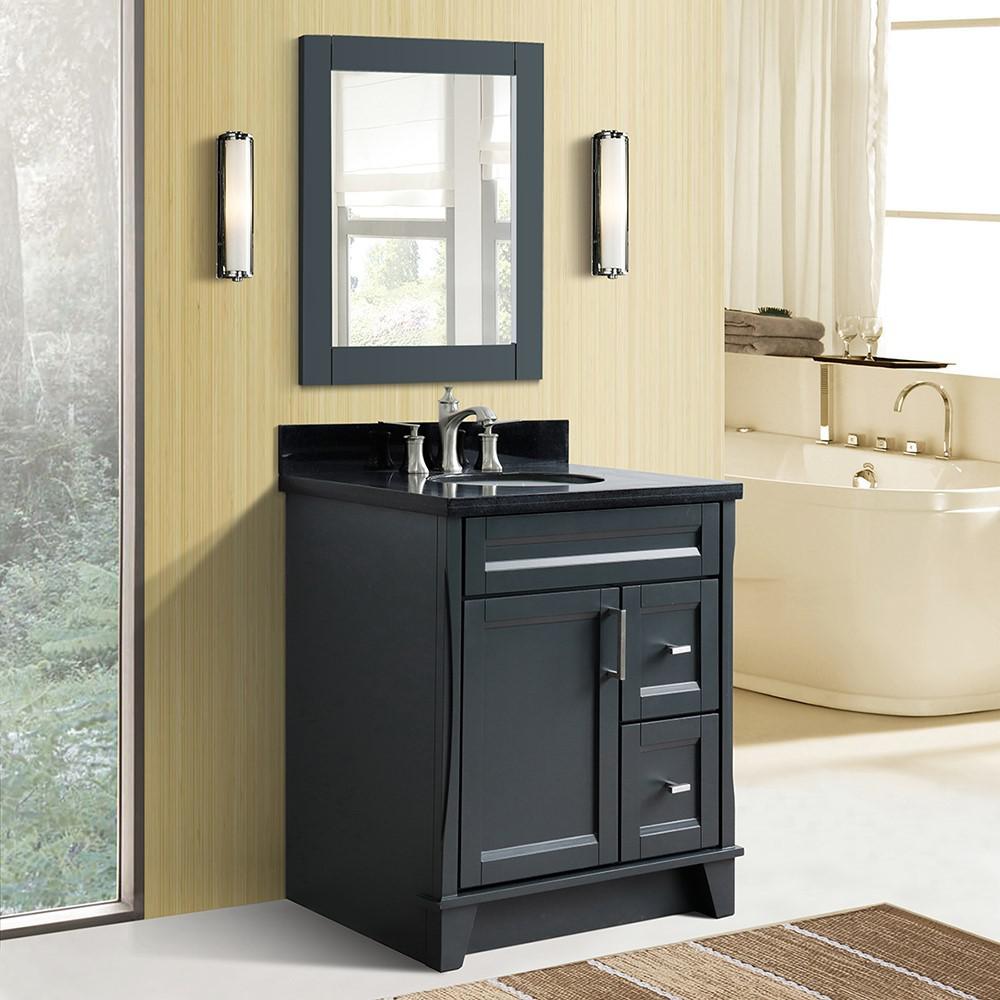 Single sink vanity in Dark Gray with Black galaxy granite with oval sink. Picture 2