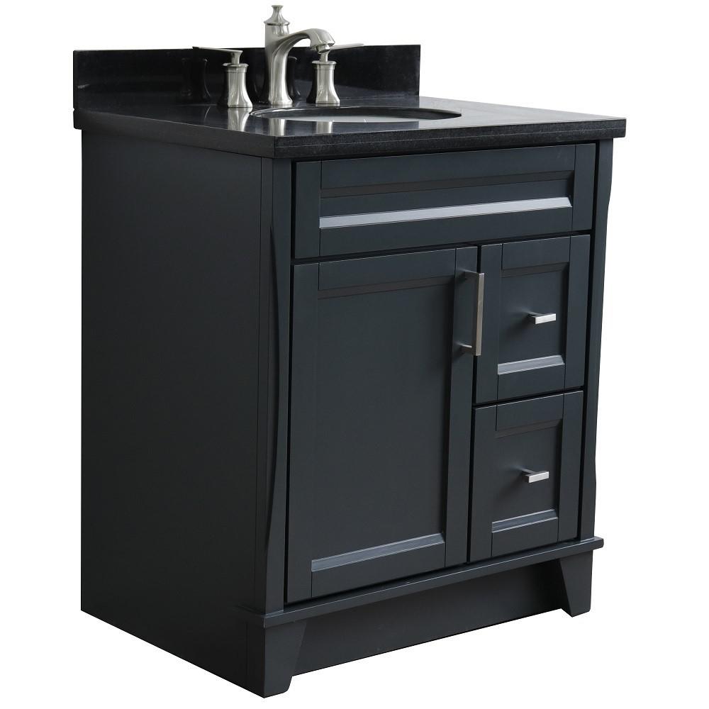 Single sink vanity in Dark Gray with Black galaxy granite with oval sink. Picture 3