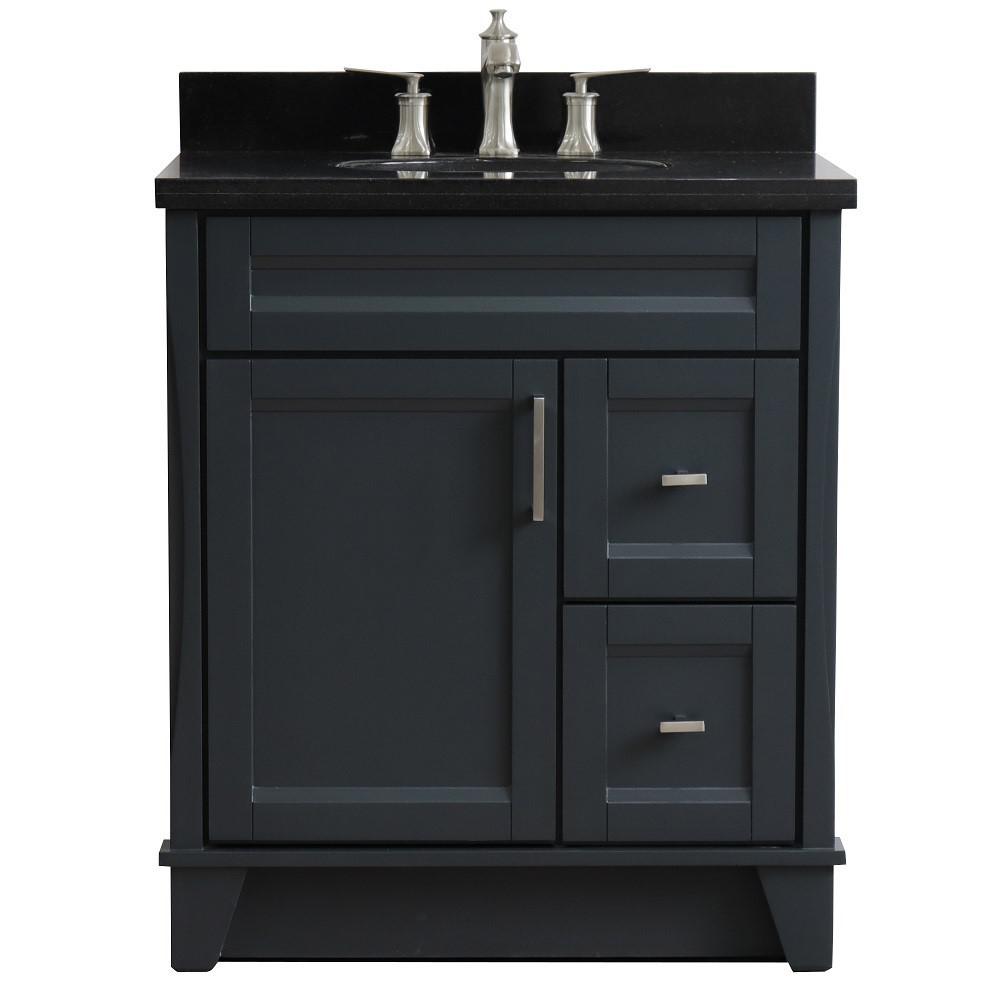 Single sink vanity in Dark Gray with Black galaxy granite with oval sink. Picture 9