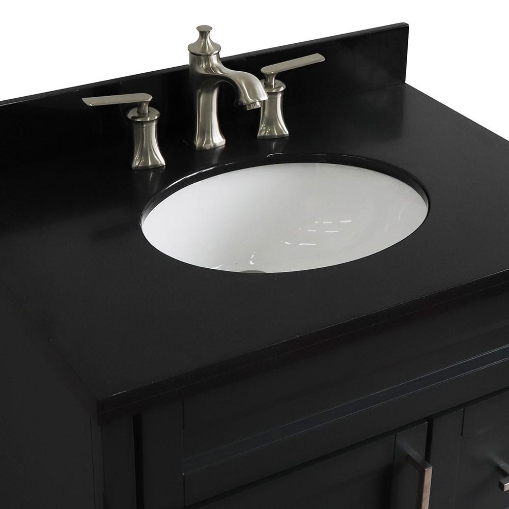 Single sink vanity in Dark Gray with Black galaxy granite with oval sink. Picture 10