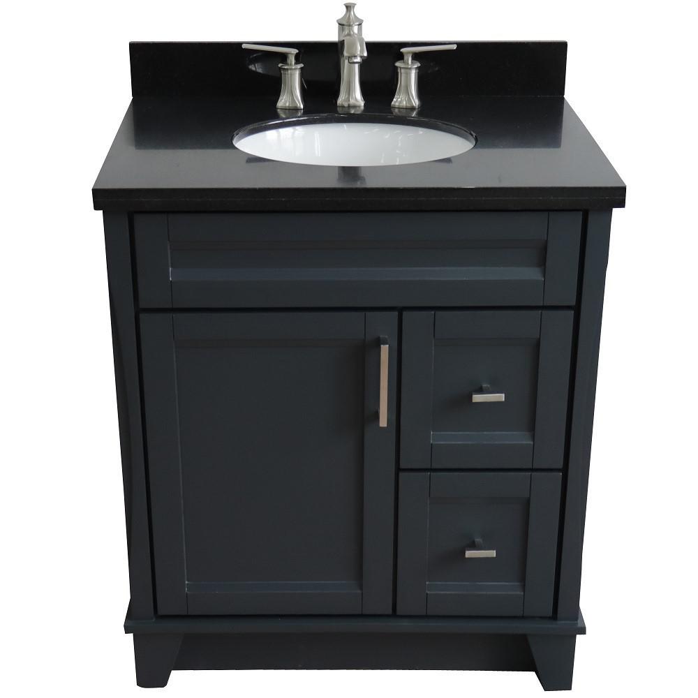 Single sink vanity in Dark Gray with Black galaxy granite with oval sink. Picture 12