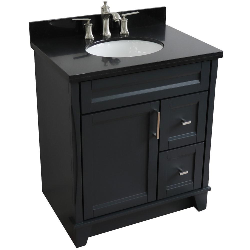 Single sink vanity in Dark Gray with Black galaxy granite with oval sink. Picture 13