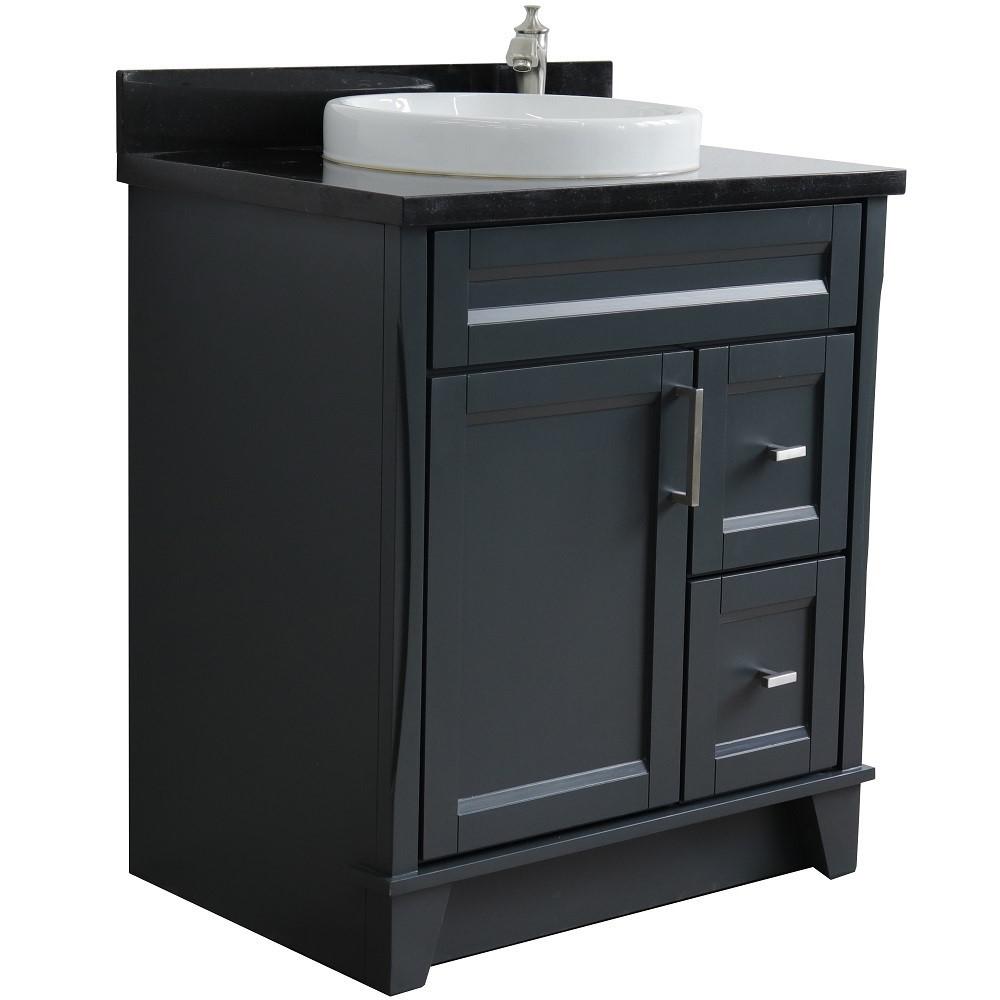Single sink vanity in Dark Gray with Black galaxy granite with rectangle sink. Picture 17