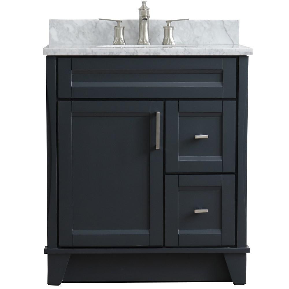 Single sink vanity in Dark Gray with White Carrara marble with oval sink. Picture 9
