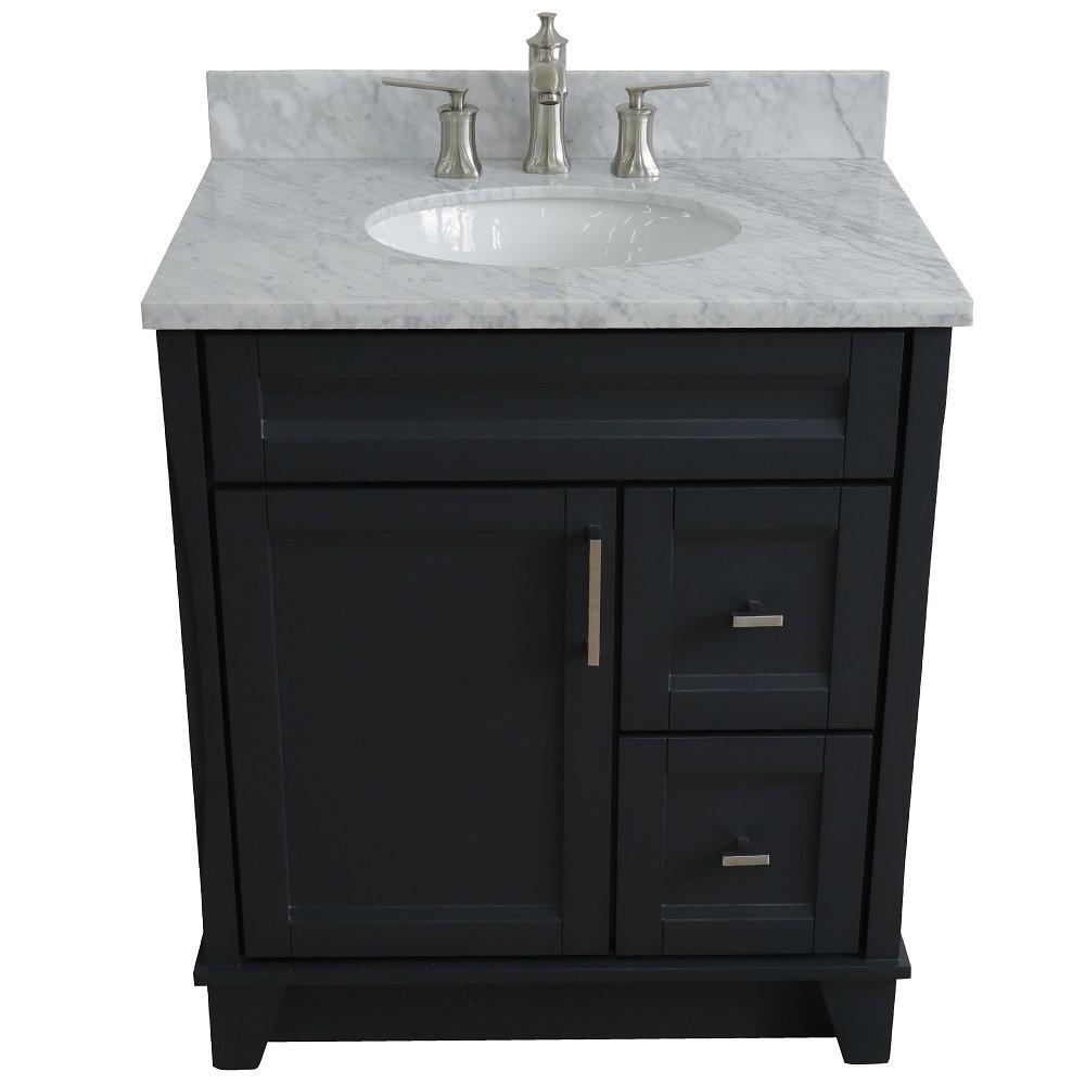 Single sink vanity in Dark Gray with White Carrara marble with oval sink. Picture 12
