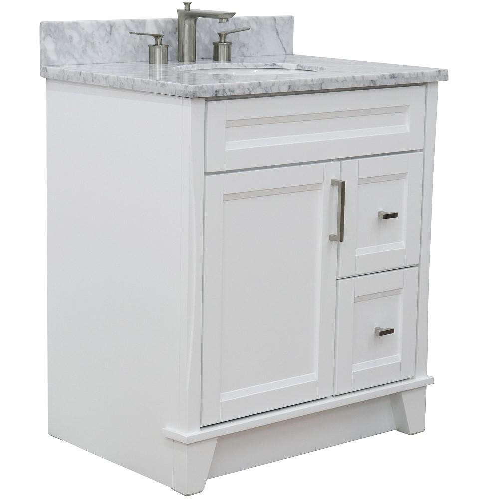 31 Single sink vanity in White finish with White Carrara marble with oval sink. Picture 3
