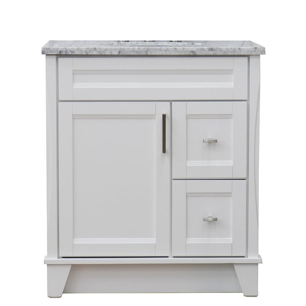 31 Single sink vanity in White finish with White Carrara marble with oval sink. Picture 6
