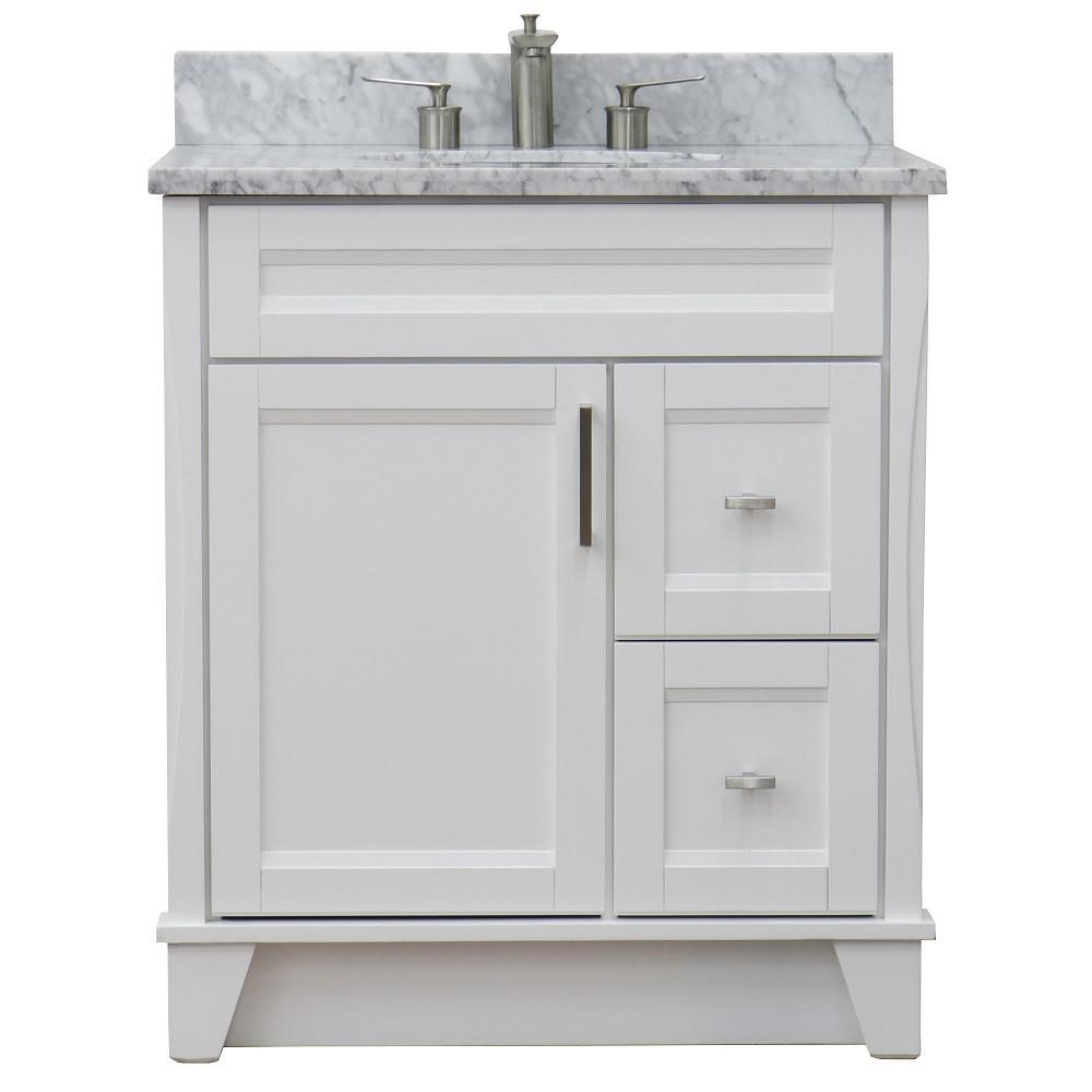 31 Single sink vanity in White finish with White Carrara marble with oval sink. Picture 9