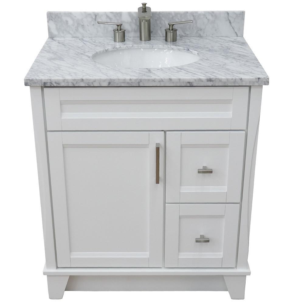 31 Single sink vanity in White finish with White Carrara marble with oval sink. Picture 12