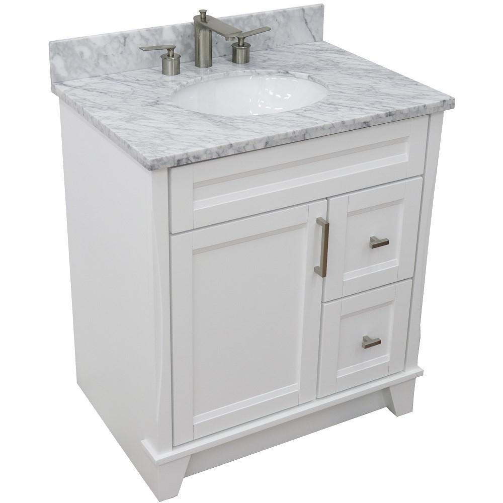 31 Single sink vanity in White finish with White Carrara marble with oval sink. Picture 13