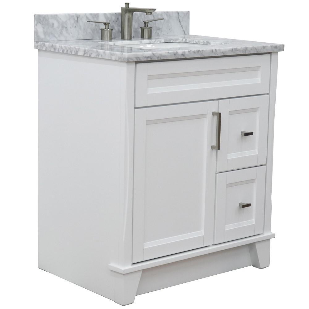 Single sink vanity in White with White Carrara marble with rectangle sink. Picture 3