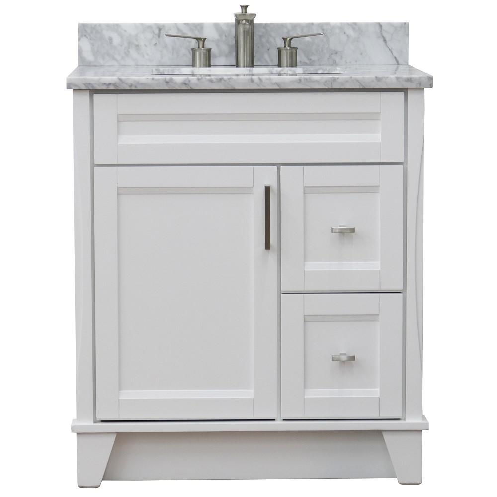 Single sink vanity in White with White Carrara marble with rectangle sink. Picture 9