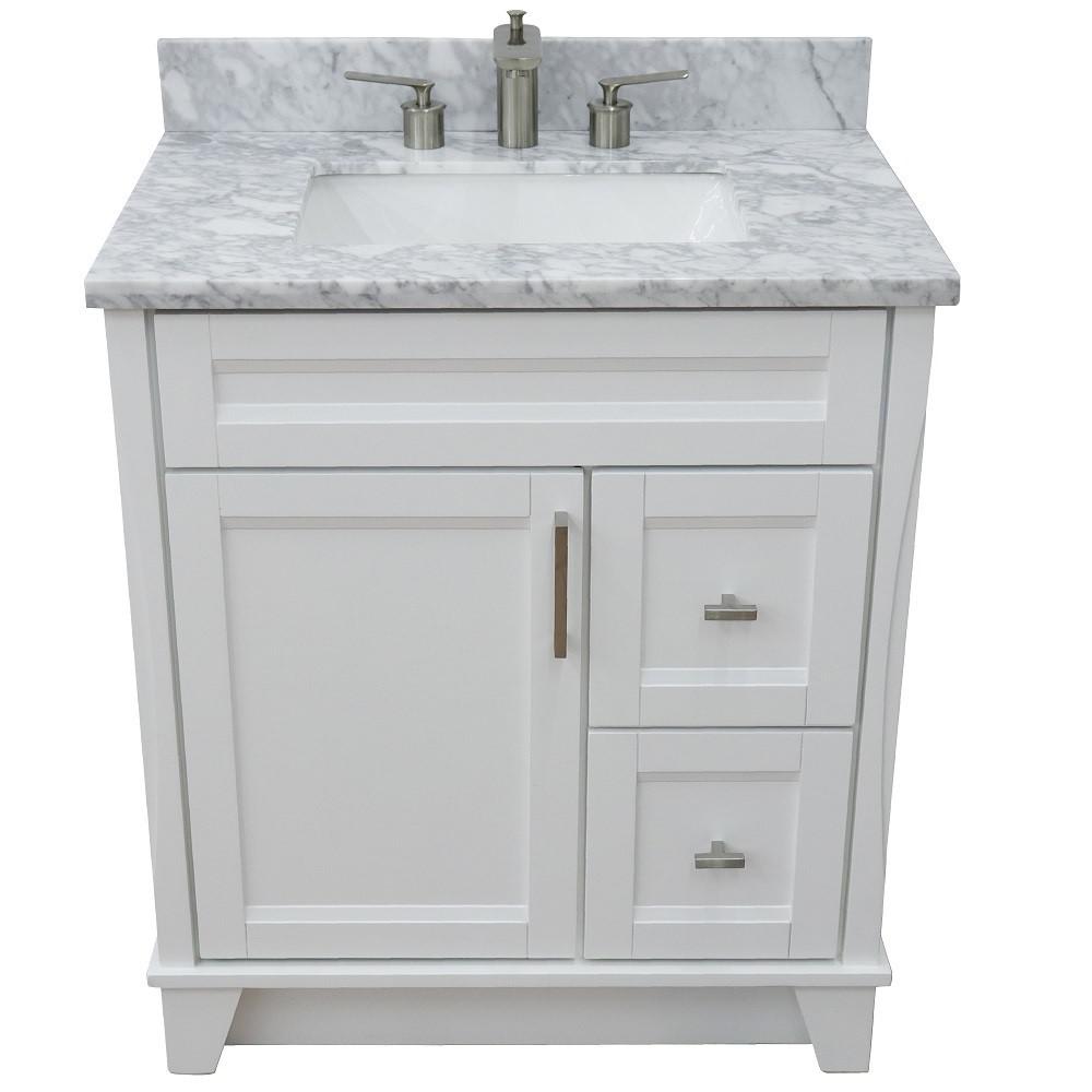 Single sink vanity in White with White Carrara marble with rectangle sink. Picture 12