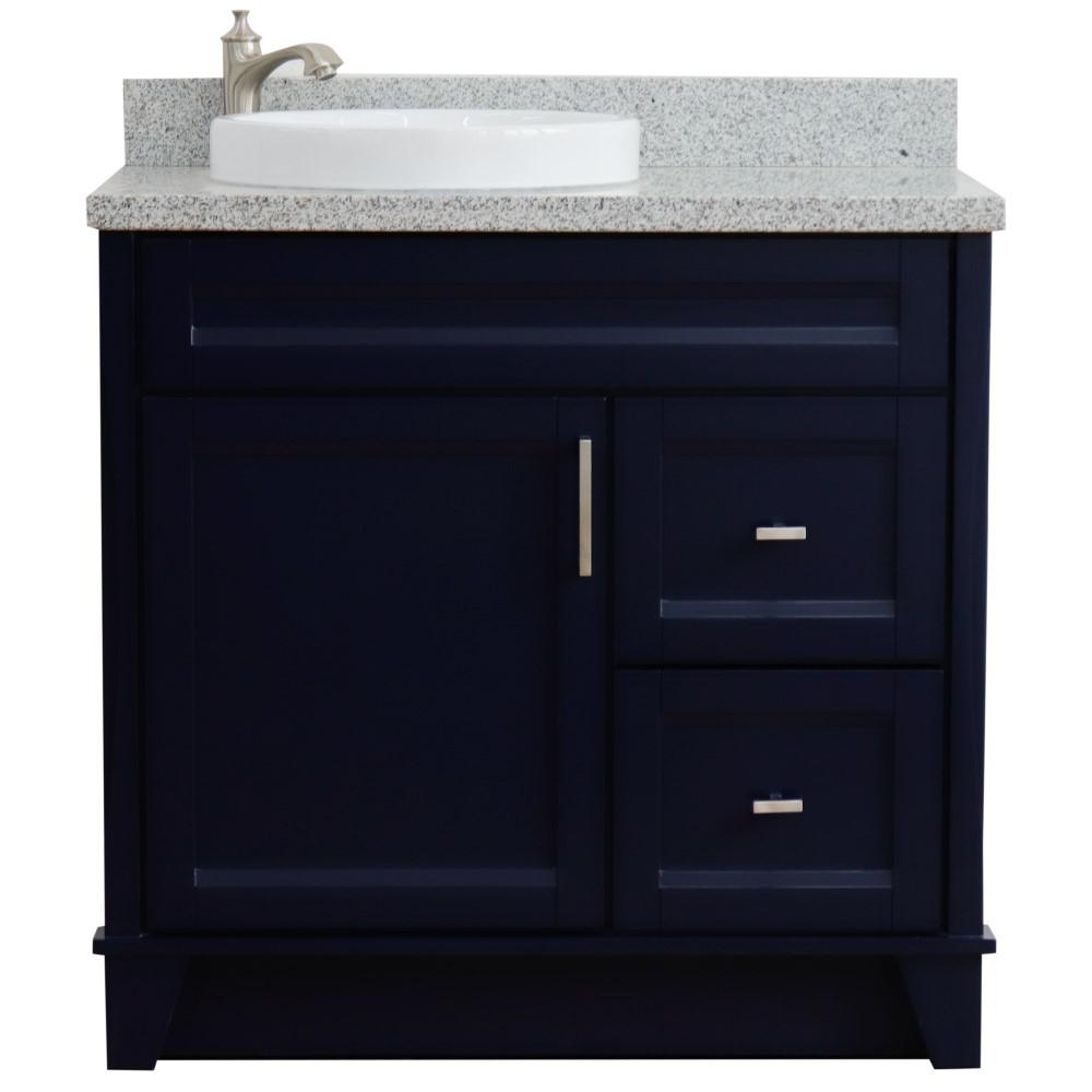 Single sink vanity in Blue with Gray granite and Left door/Round Left sink. Picture 9