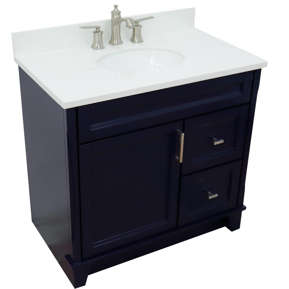 Single sink vanity in Blue with White quartz and Left door/Center sink. Picture 11