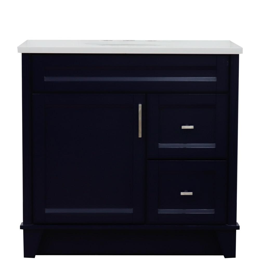 Single sink vanity in Blue with White quartz and Left door/Center sink. Picture 13