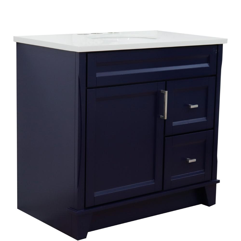 Single sink vanity in Blue with White quartz and Left door/Center sink. Picture 14