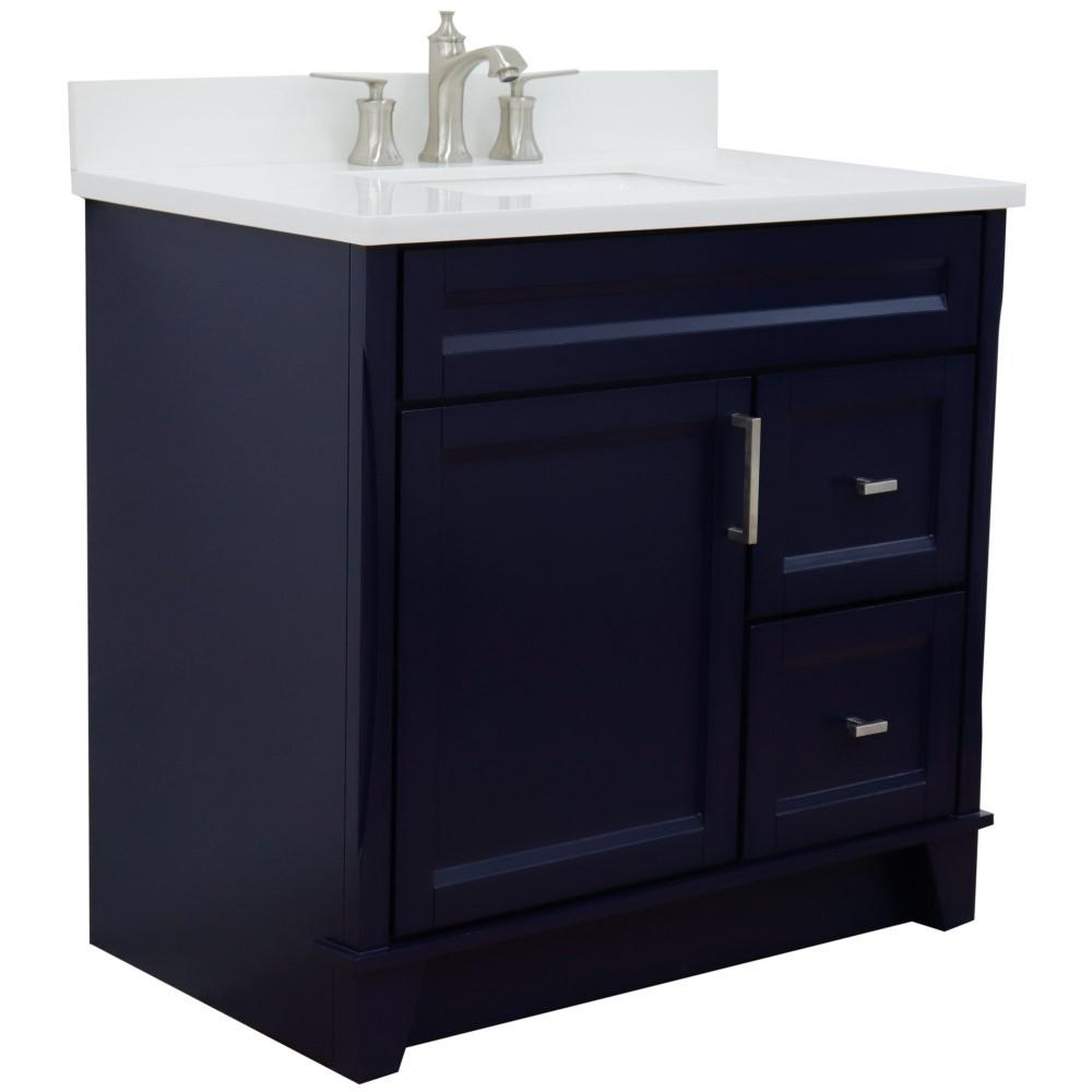 Single sink vanity in Blue with White quartz and Left door/Center sink. Picture 5
