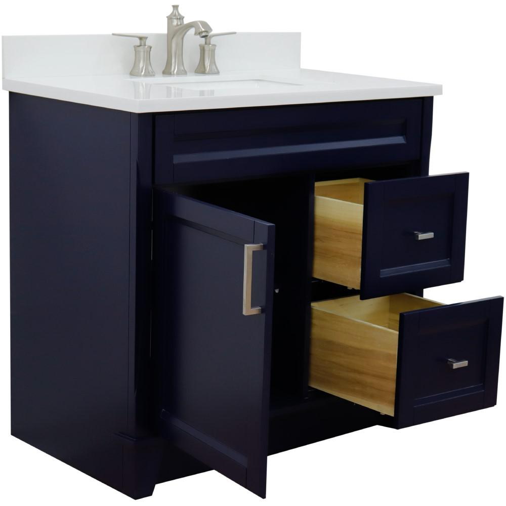 Single sink vanity in Blue with White quartz and Left door/Center sink. Picture 6