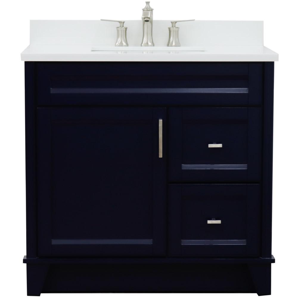 Single sink vanity in Blue with White quartz and Left door/Center sink. Picture 7