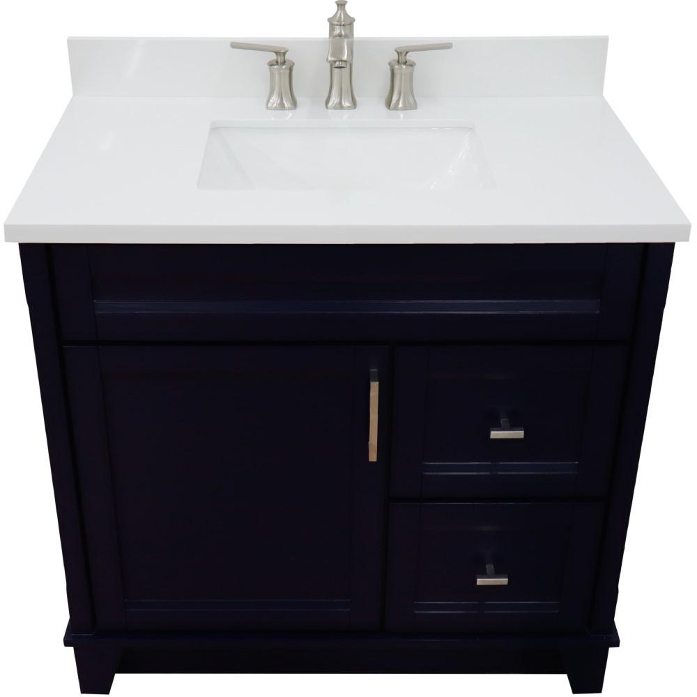 Single sink vanity in Blue with White quartz and Left door/Center sink. Picture 10